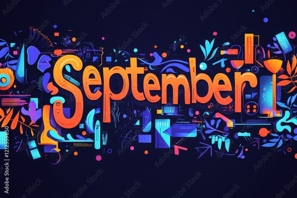 A creative composition highlighting the month of September through bright colors and artistic elements, including leaves, shapes, and playful designs that evoke seasonal feelings.