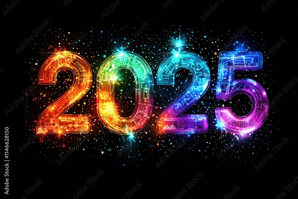 A creative design showcases the year 2025 using bright colors and intricate patterns, set against a black background. The numbers shine with a sparkling effect, creating a festive atmosphere.