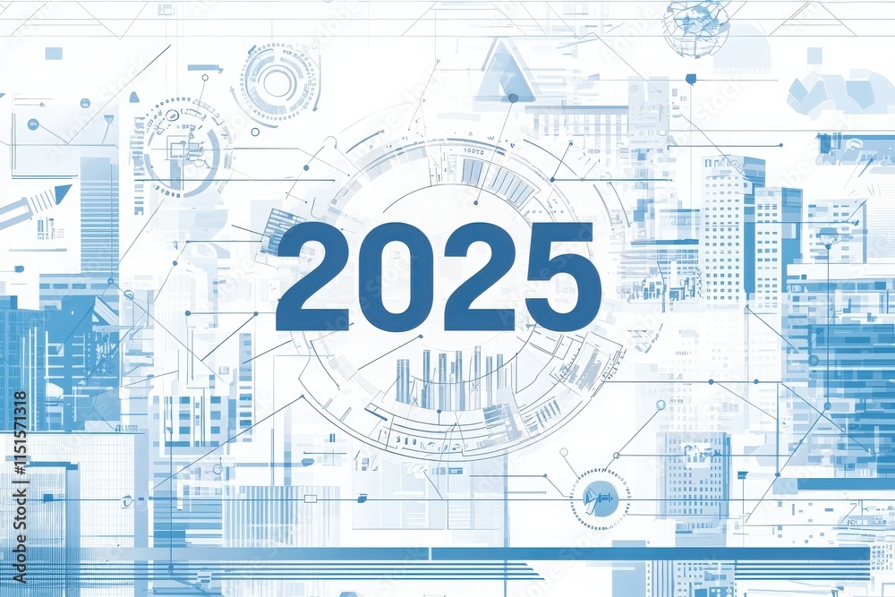 A creative design showcasing a digital cityscape, featuring various geometric shapes, lines, and symbols representing technology and the year 2025. The composition emphasizes innovation and progress.