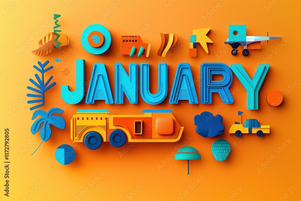 A creative display highlights the word January, surrounded by playful 3D shapes and vivid colors. Various objects symbolize winter activities and the emergence of new beginnings in the New Year.