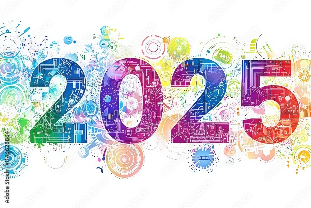 A creative display highlights the year 2025 using large, colorful numbers. Various technological and abstract elements adorn the background, showcasing a blend of artistic expressions.