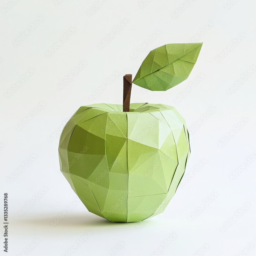A creative paper art piece resembling a green apple made of geometric shapes. The model has a prominent leaf and a brown stem, showcasing intricate folding techniques and a playful design.