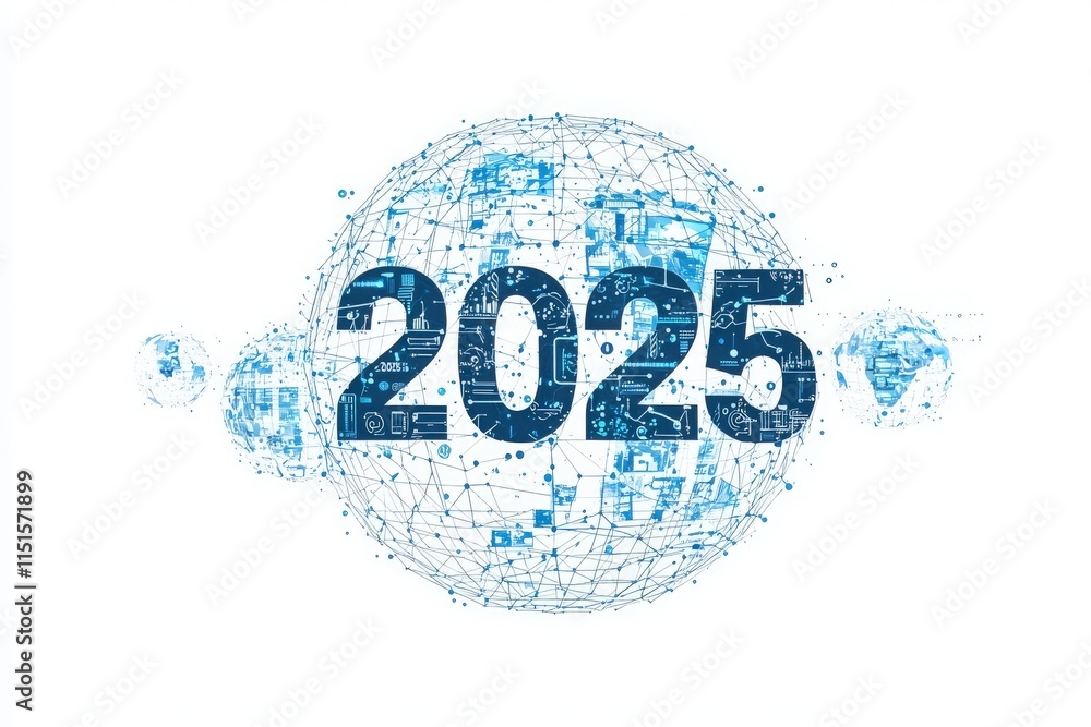 A creative representation of a globe made of interconnected lines and digital elements, prominently featuring the year 2025. The design evokes a sense of innovation and technology.