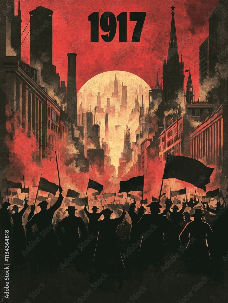 A crowd of people waves flags in a bustling city, shrouded in a dramatic red atmosphere. Tall buildings and a full moon create an intense backdrop, symbolizing a pivotal moment in history.
