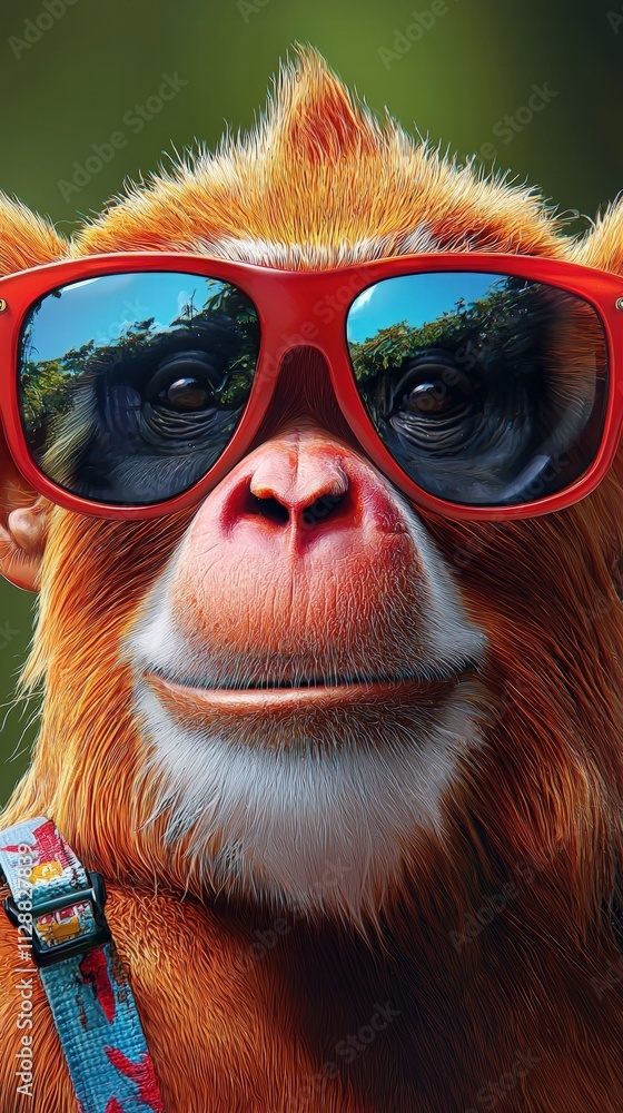 A curious monkey with bright orange fur and large red sunglasses gazes at the camera. The lush green background highlights the vibrant atmosphere, creating a playful vibe.