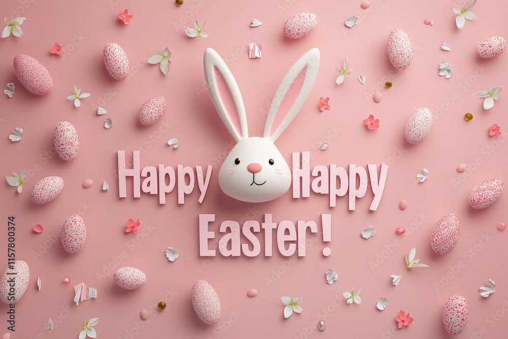 A cute bunny head decorates a pink surface surrounded by colorful eggs and delicate flowers, creating a joyful Easter atmosphere filled with springtime cheer.