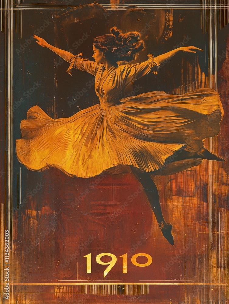 A dancer in an elegant gold dress gracefully leaps through the air, capturing the essence of early 20th-century artistry and movement. The vibrant colors enhance the dynamic feel.