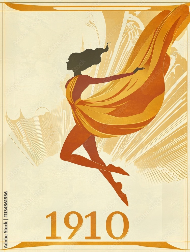 A dancer leaps elegantly in a flowing golden dress, embodying freedom and creativity. The backdrop features stylized lines, enhancing the sense of movement and vibrancy.