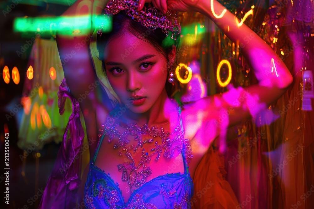 A dancer poses gracefully in an ornate blue costume adorned with intricate details.