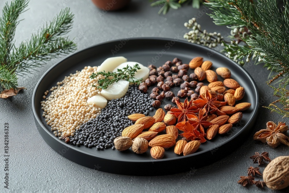 A dark plate holds a colorful arrangement of seeds, nuts, and herbs. White quinoas, black seeds, almonds, and anise star are neatly organized.