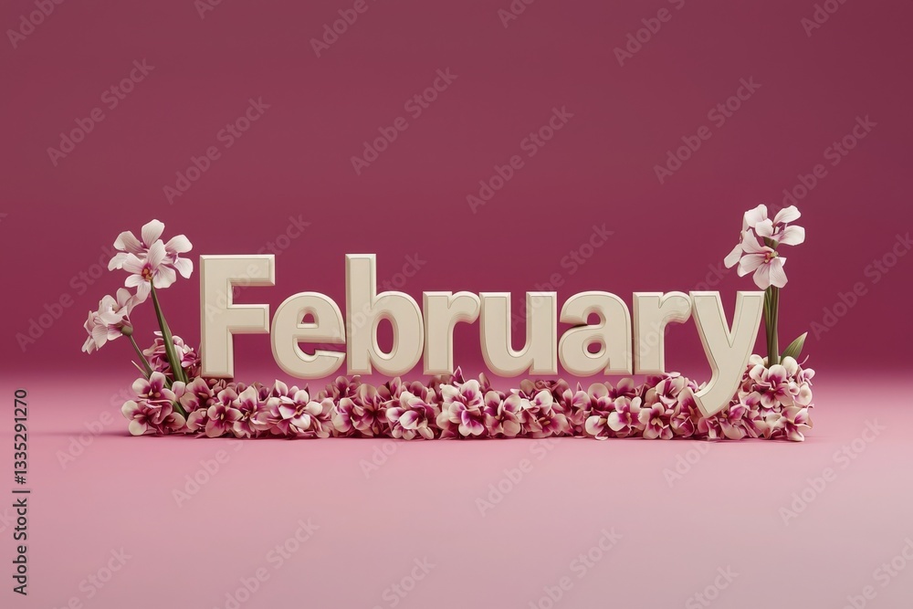 A decorative display features the word February in bold letters surrounded by delicate pink flowers. The background and base create a soft, inviting atmosphere perfect for the month of love.