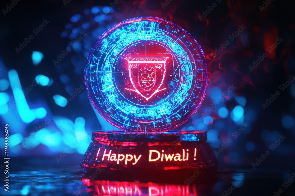 A decorative piece lights up with a holographic design, displaying warm wishes for Diwali. The vibrant colors and glowing effects create a festive ambiance, perfect for this joyous occasion.