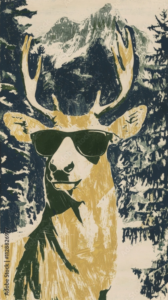 A deer stands confidently in a snowy mountain setting, wearing oversized sunglasses. Pine trees frame the scene, with majestic mountains in the background. The atmosphere feels vibrant and playful.