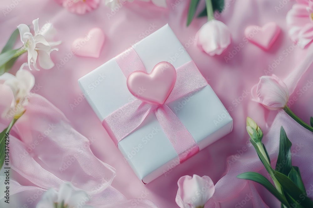 A delicate gift box adorned with a heart-shaped decoration sits beautifully among pink flowers on soft fabric.