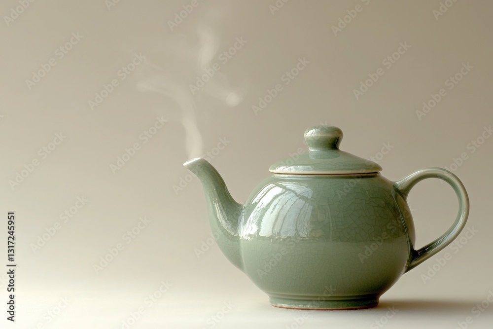 A delicate green teapot sits on a soft surface, with steam gently rising from its spout. The minimalistic backdrop enhances the soothing vibe, inviting warm tea moments.