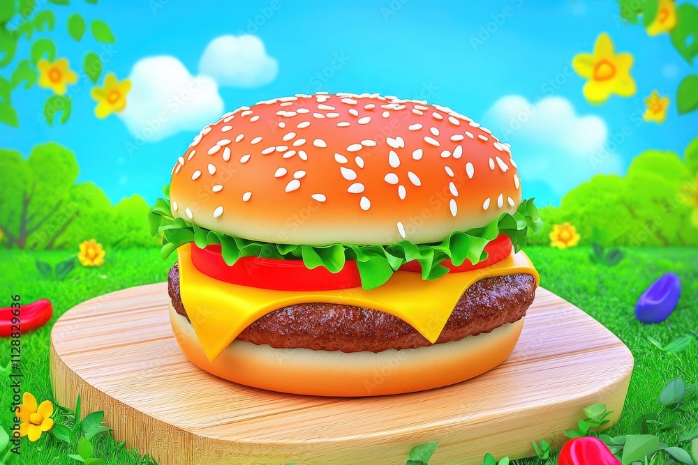 A delicious cheeseburger featuring a sesame seed bun, lettuce, tomato, and a melt-in-your-mouth cheese slice sits on a wooden board surrounded by a colorful, blooming garden.