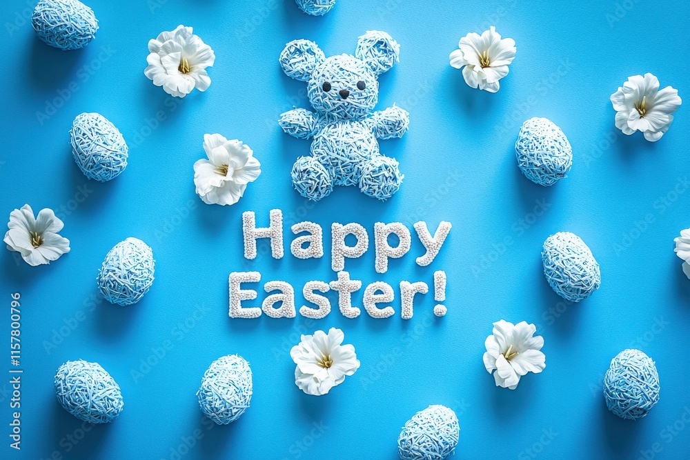 A delightful arrangement features a blue bunny made of yarn, surrounded by blue decorative eggs and white flowers on a vibrant blue surface. This setup celebrates the Easter season joyfully.