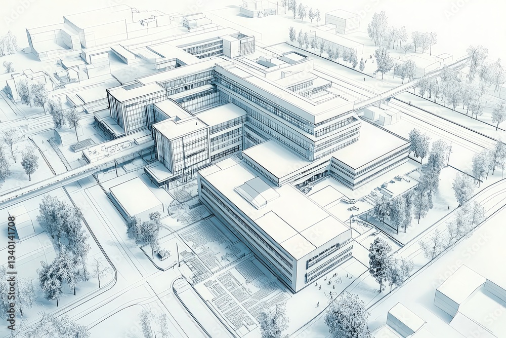 A detailed architectural blueprint showcases a contemporary building layout featuring multiple structures connected by pathways. The design emphasizes urban planning and green spaces.
