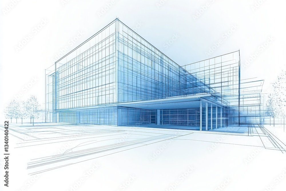 A detailed architectural sketch displays a contemporary building with expansive glass surfaces and sharp angles. The design emphasizes modern aesthetics in a professional setting.