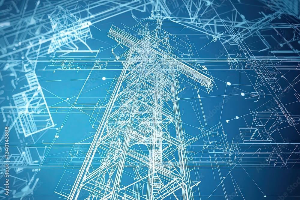 A detailed, blue digital representation of electric power transmission towers shows intricate line work and a complex network. The design illustrates the structure and function of energy distribution.