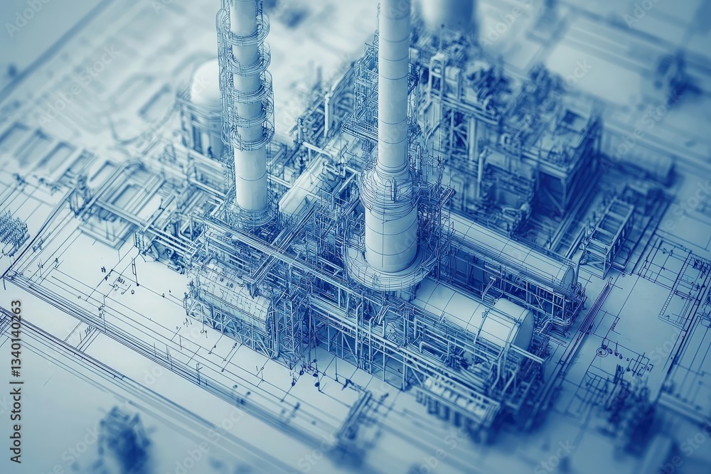A detailed blueprint of an industrial plant showcases intricate structures like smokestacks, machinery, and piping systems. The layout emphasizes engineering precision and design complexity.