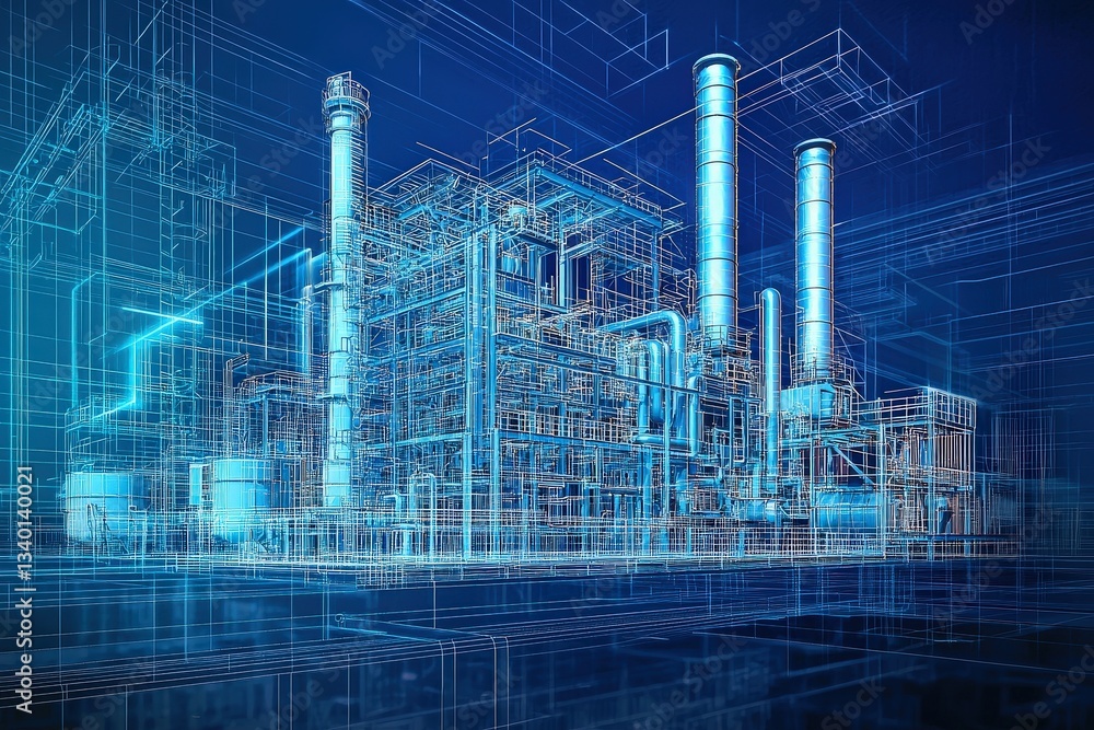 A detailed blueprint of an industrial plant showcases various structural elements, including stacks and pipes. The design emphasizes energy infrastructure with a blue digital aesthetic.