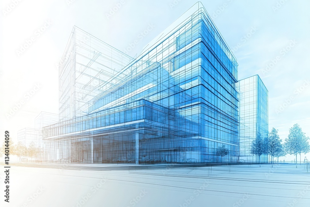 A detailed blueprint showcasing a modern office building featuring sleek glass facades, multiple levels, and surrounding greenery. The design emphasizes transparency and innovative architecture.