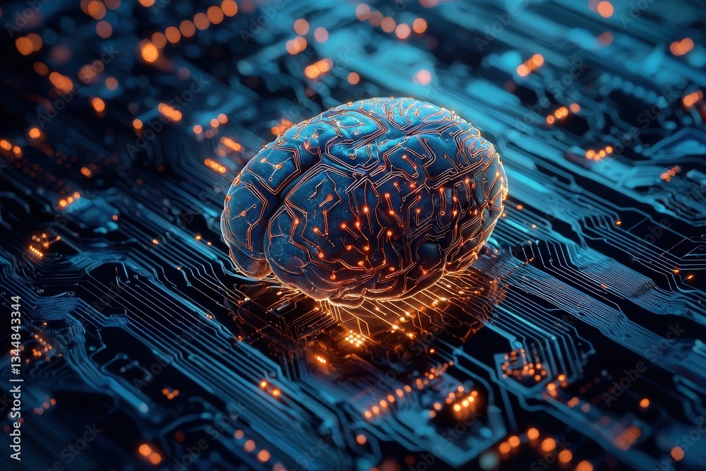 A detailed brain model is placed on a circuit board with glowing lights.