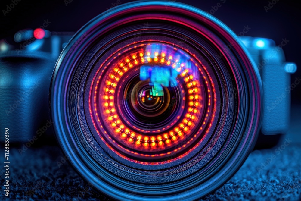 A detailed close-up of a camera lens with illuminated rings creating a colorful pattern. The focus is sharp, highlighting the craftsmanship and technology in photography equipment.