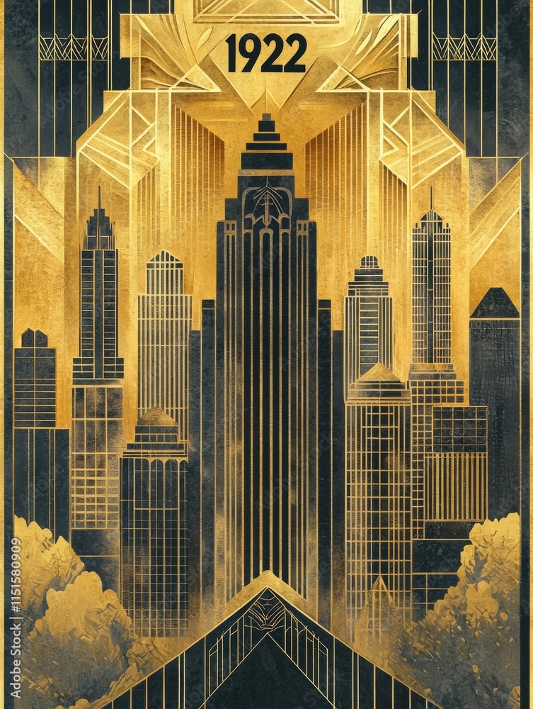 A detailed depiction of a city skyline in Art Deco style, showcasing tall buildings framed by bold geometric patterns. This artwork reflects the architectural design trends of 1922.