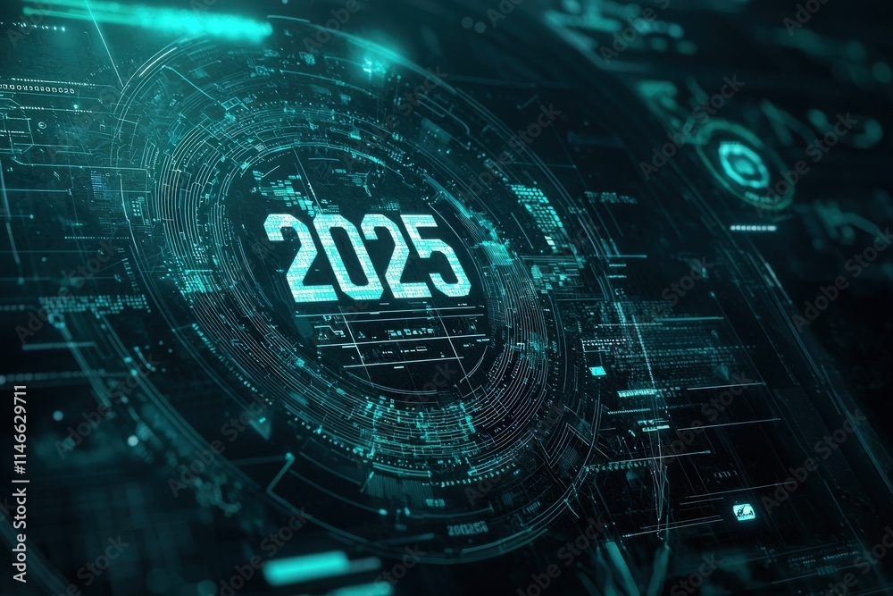 A detailed digital display showcases the year 2025 through vibrant graphics and data elements, emphasizing technological advancements and trends expected to shape the future.