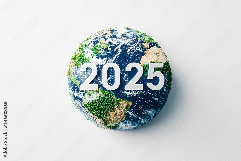 A detailed globe covered in green foliage symbolizes environmental awareness, with the year 2025 prominently displayed. This reflects a vision for a sustainable future and ecological balance.