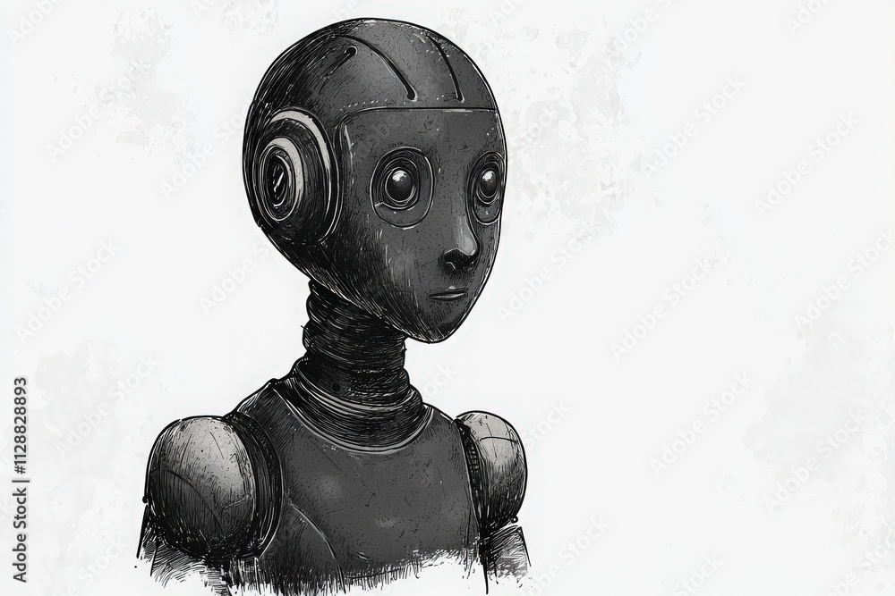A detailed illustration of a humanoid robot, featuring a sleek black design and unique facial characteristics. Its expressive eyes and head shape convey personality and a futuristic aesthetic.