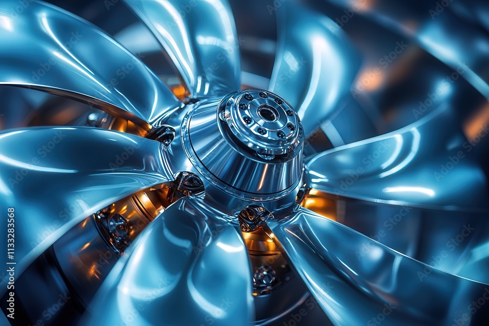 A detailed look at a metallic fan blade highlights its sleek design and shimmering surface. The blue-toned lighting enhances the visual appeal, showcasing the craftsmanship behind the component.