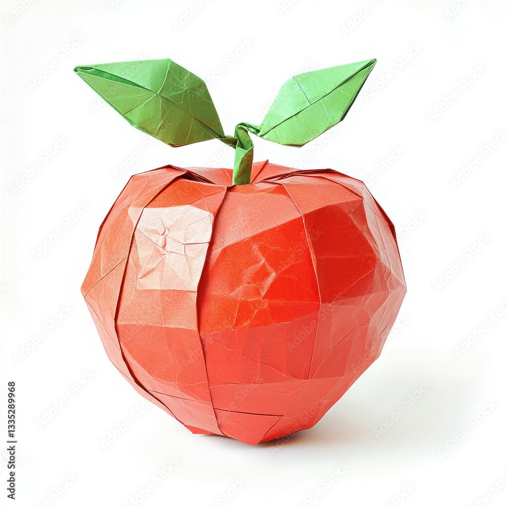 A detailed origami apple crafted from red paper features two green leaves at the top. This artistic piece showcases intricate folds and a vibrant design, ideal for decoration or teaching.