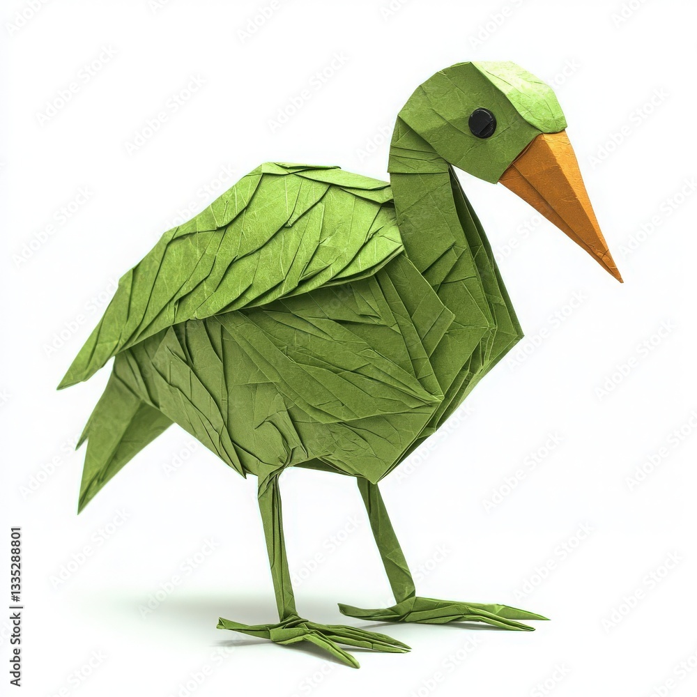 A detailed origami bird crafted from green and orange paper stands upright. Its intricate folds and vibrant colors create a striking visual, showcasing the art of paper folding.
