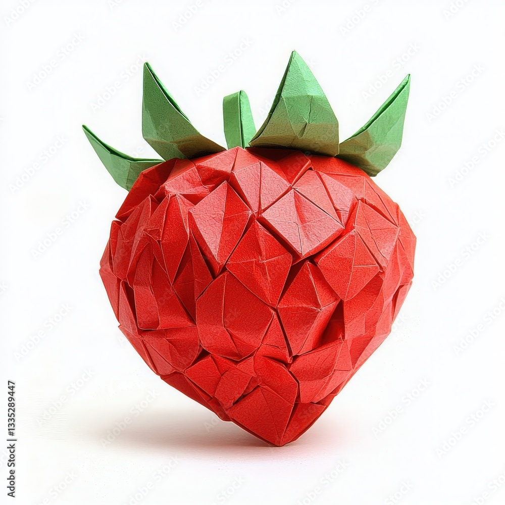A detailed origami piece resembling a ripe strawberry stands prominently. Its vibrant red color contrasts beautifully with the green leaves, highlighting the craftsmanship and precision involved.