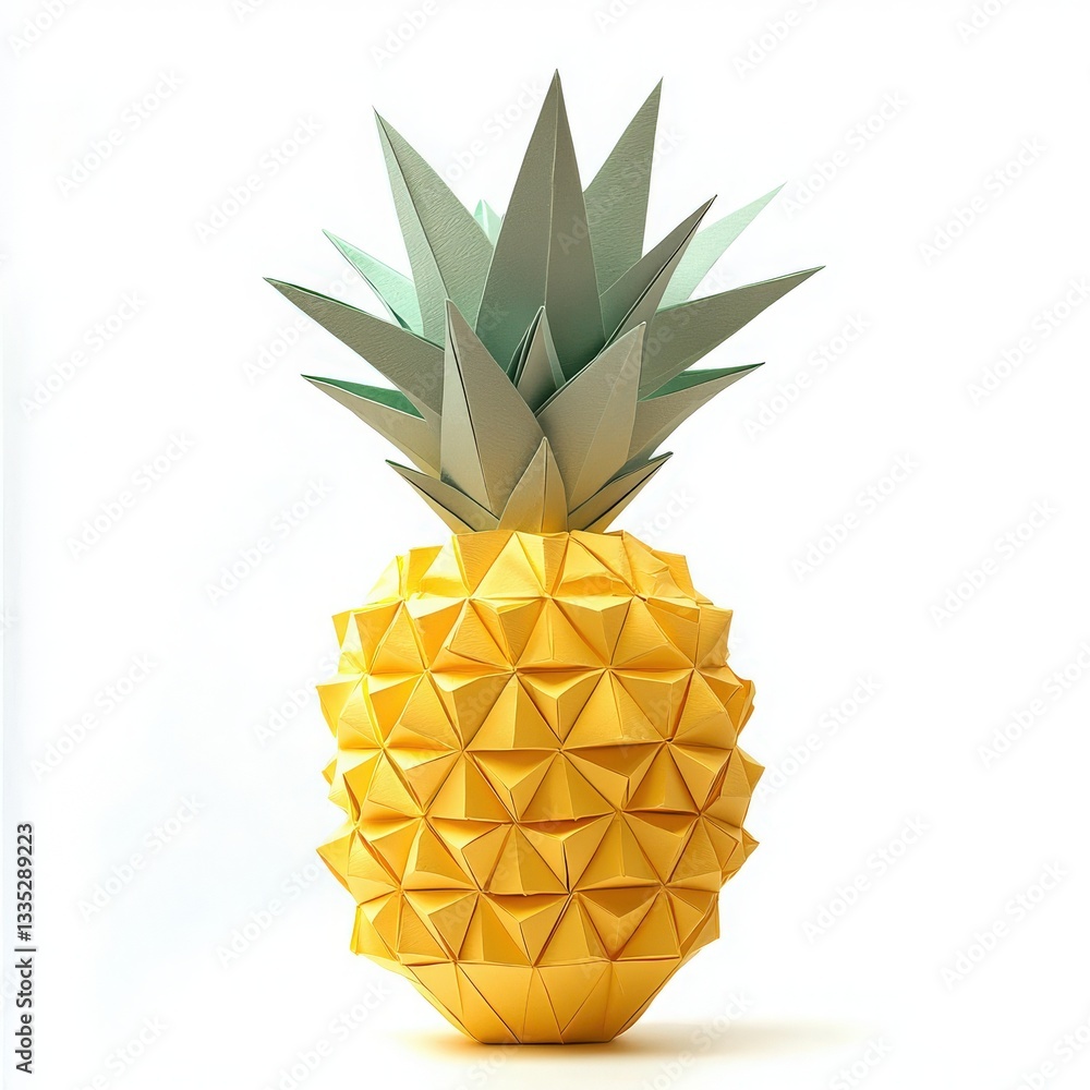 A detailed origami pineapple crafted from colored paper sits against a plain backdrop.