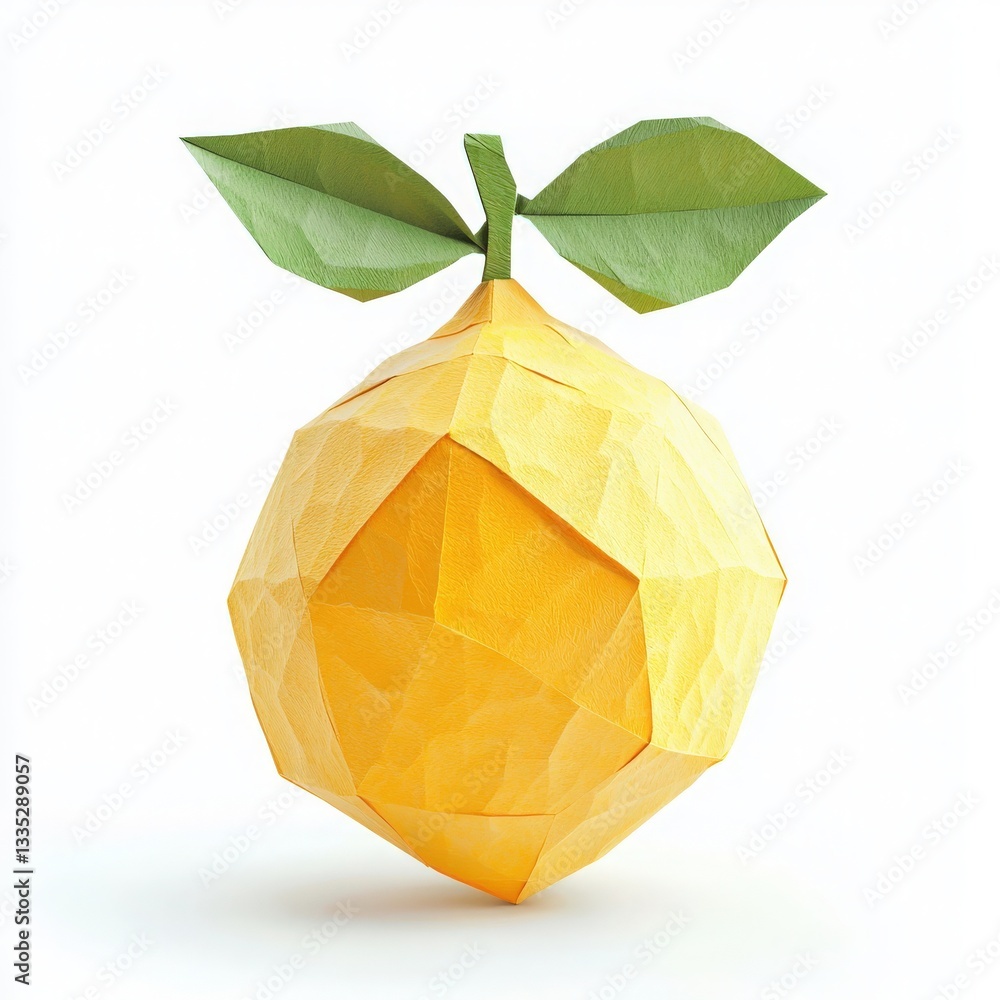 A detailed origami representation of a yellow lemon with green leaves, placed centrally against a white background. The creative design highlights the geometric shapes of the fruit.