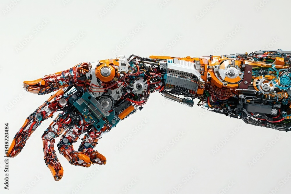 A detailed robotic hand constructed from various electronic components and wires displays a blend of art and engineering. The vibrant colors highlight its complex structure against a plain background.