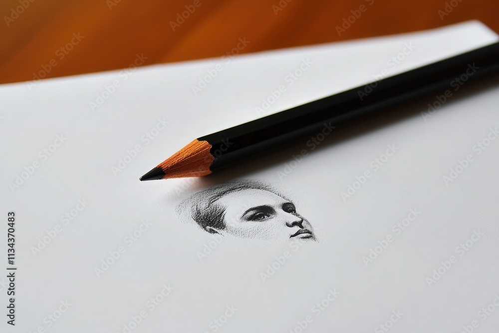 A detailed sketch of a persons profile is positioned on a white sheet of paper. A sharpened pencil rests beside the drawing, highlighting the artistry of sketching.