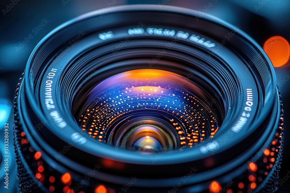 A detailed view of a camera lens reveals a mesmerizing array of blue and orange lights. The inner components and reflections create a stunning visual effect perfect for photography enthusiasts.