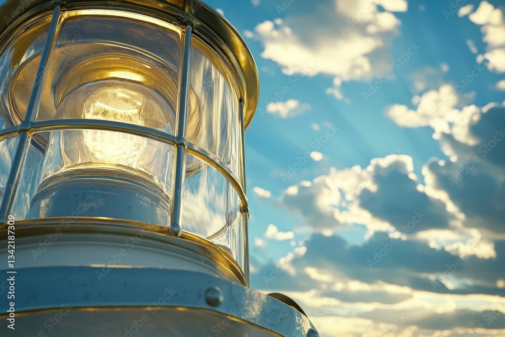 A detailed view of a lighthouse lantern casting light, set against a backdrop of a bright blue sky filled with fluffy clouds. The warm glow contrasts beautifully with the cool colors of the sky.