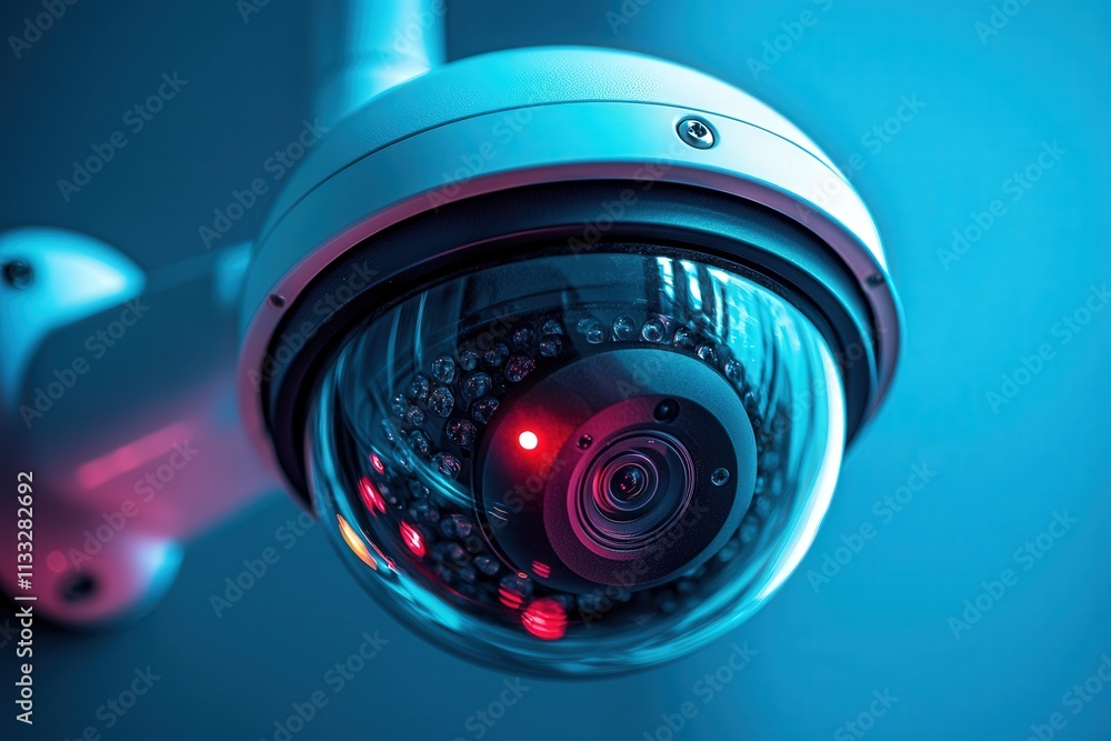 A detailed view of a security camera mounted on a wall captures the urban landscape at night, illuminated by blue and red lighting. The camera is actively monitoring its surroundings.