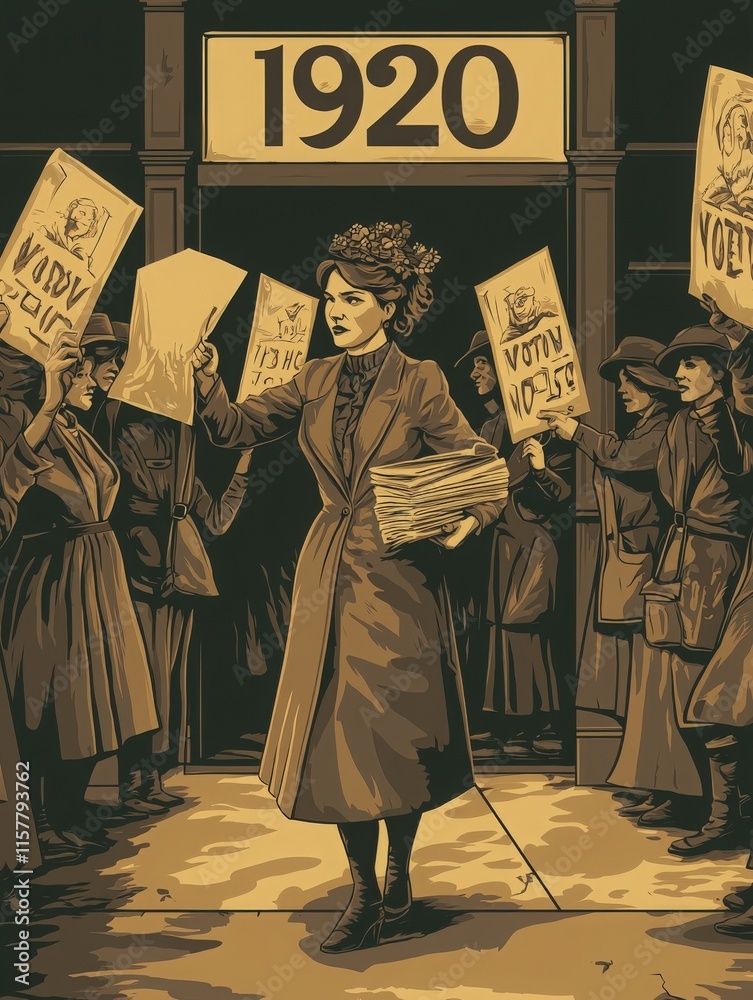 A determined woman stands at the entrance of a building, holding papers, surrounded by other women rallying for voting rights. They display banners demanding suffrage and equality.