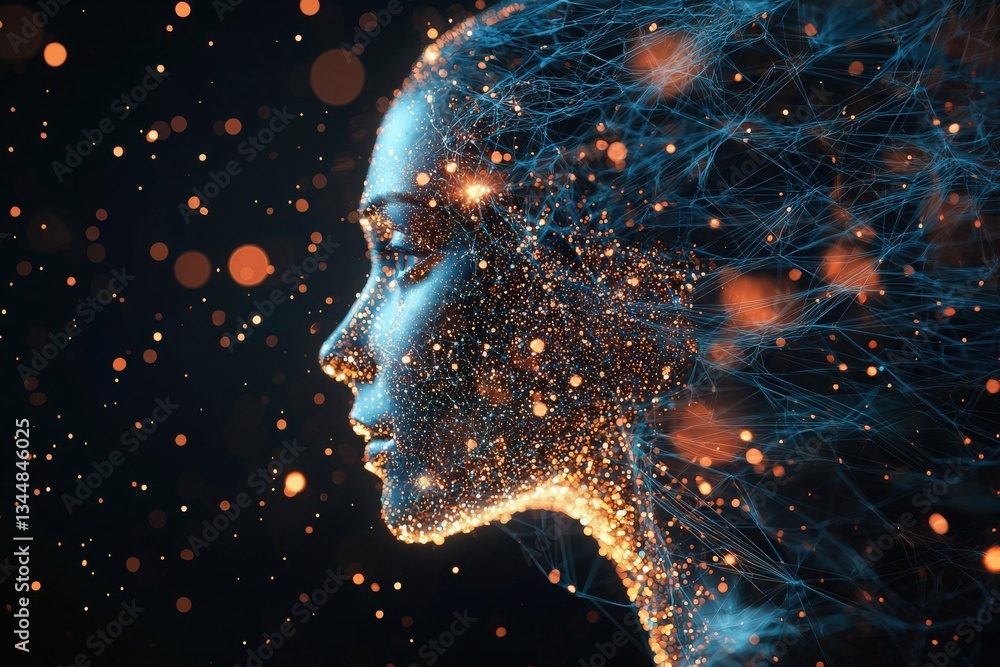 A digital artwork showcases the silhouette of a womans profile, surrounded by radiant particles and flowing light effects.