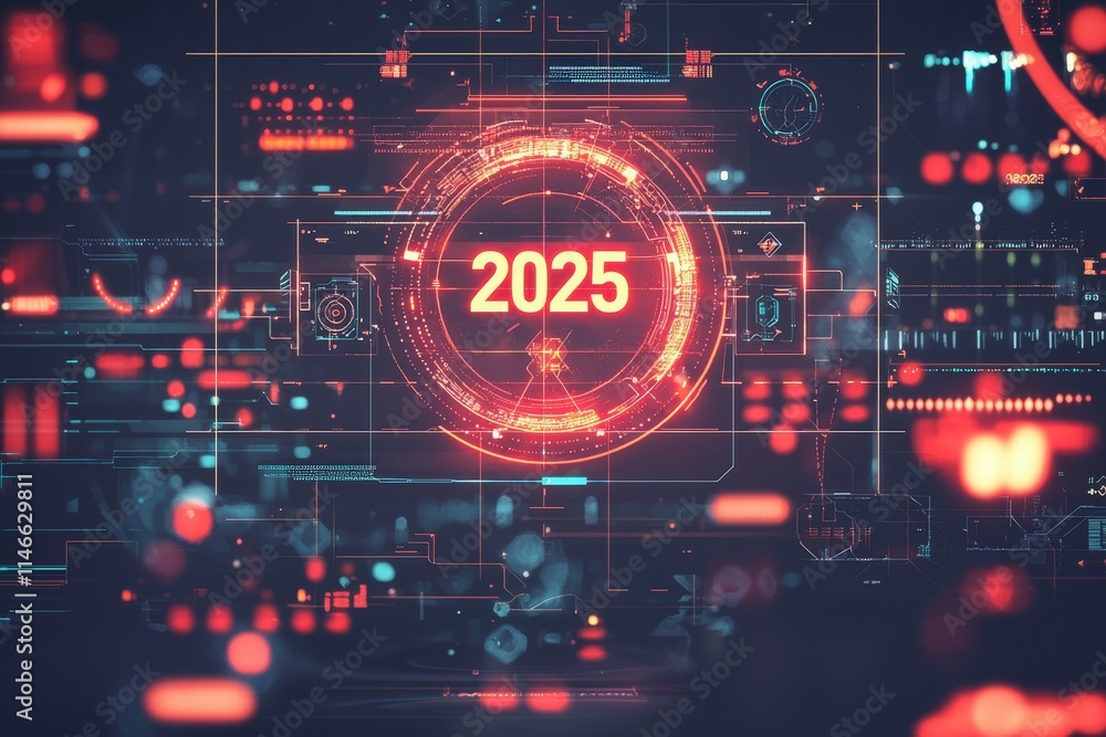 A digital interface shows the year 2025 prominently in red, surrounded by intricate technology graphics and glowing elements, suggesting a high-tech environment or futuristic theme.