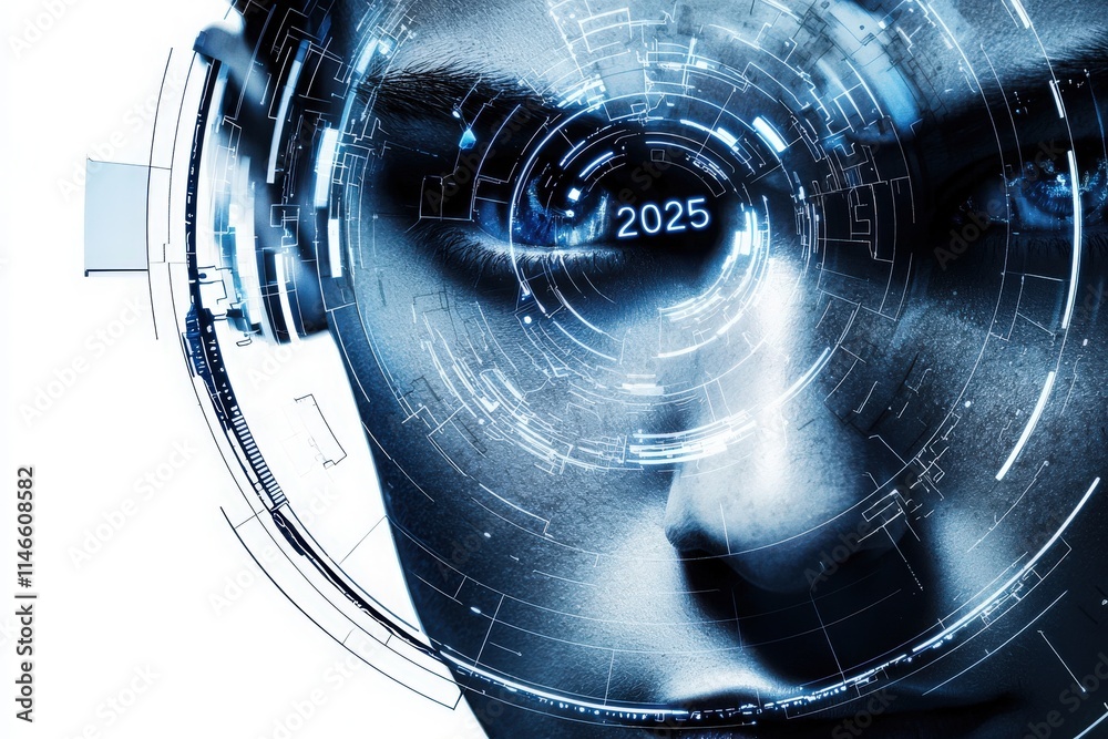 A digital representation of a human face showcasing advanced technology features and futuristic elements, with a prominent display of the year 2025 integrated into the design.