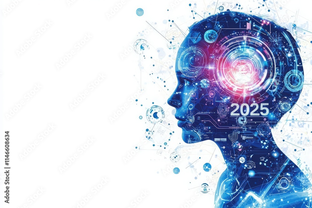 A digital silhouette illustrates a human profile filled with vibrant circuits and symbols, highlighting technological advancements expected by 2025, emphasizing the fusion of humanity and technology.