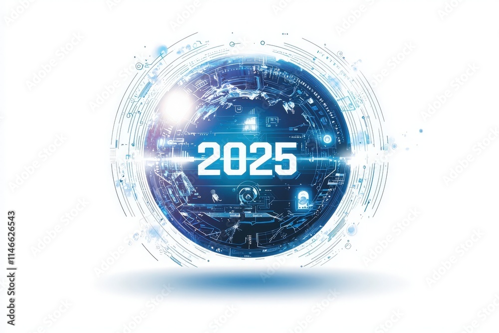 A digital sphere represents the year 2025, featuring high-tech design elements and glowing patterns. The futuristic theme evokes innovation and advanced technology concepts.